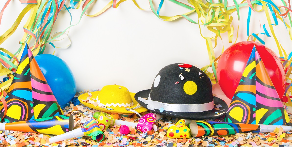 Party background with hats and balloons